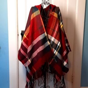 Hooded Ruana Soft Lightweight Summer Knit Wine Navy Cream Yellow Plaid Fringe